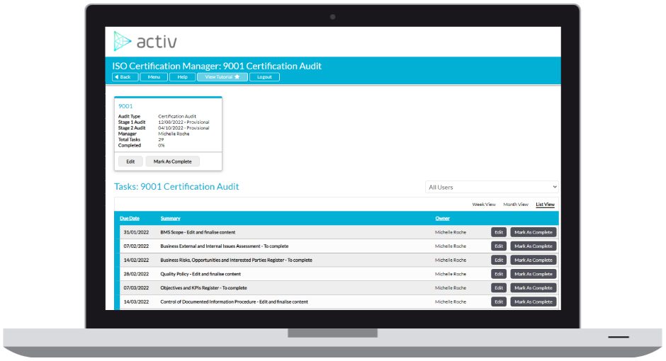 ACTIV Certify ISO 9001 Software Screengrab
